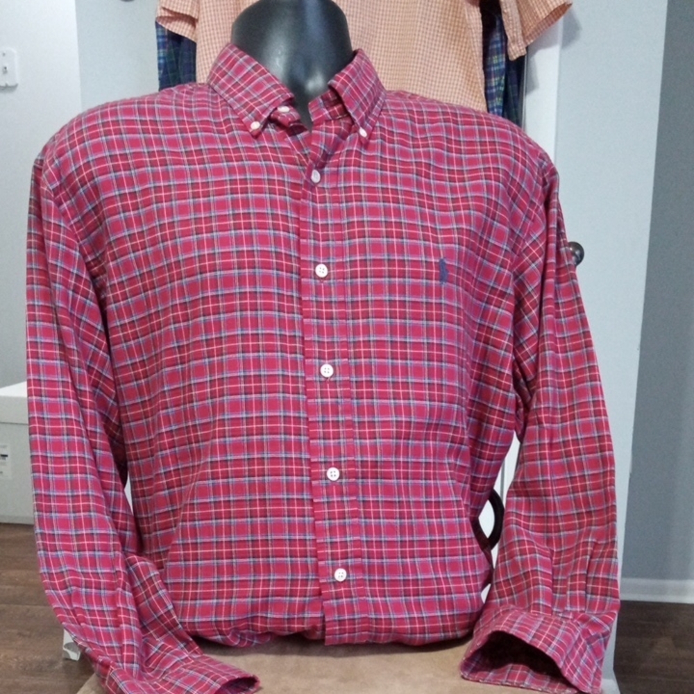 🚨B2G1 POLO RALPH LAUREN Red Gold Blue White Plaid Long Sleeve Button Down Shirt